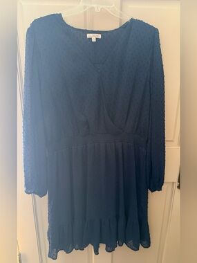 nine britton Navy Long Sleeve Swiss Dot Midi Dress